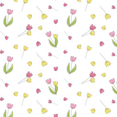 A simple hand-drawing pattern with pink and yellow tulips on a white background. vector.