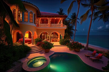 Obraz na płótnie Canvas tropical beachfront villa with pool and private hot tub, created with generative ai