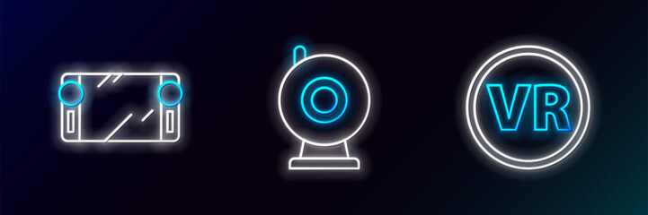 Set line Virtual reality glasses, Portable video game console and Web camera icon. Glowing neon. Vector