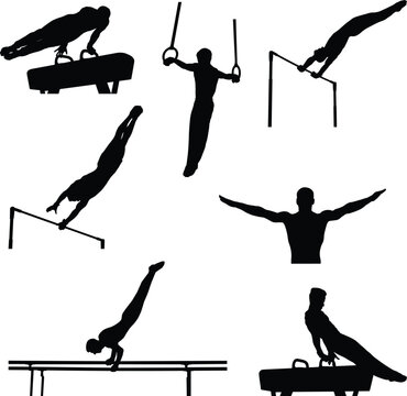 set male athletes gymnastics silhouette exercise pommel horse, still rings, parallel bars, horizontal bar, sports vector illustration, world championship