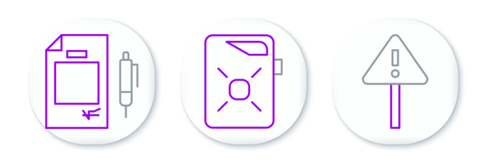 Set line Exclamation mark in triangle, Contract money and pen and Canister for motor oil icon. Vector