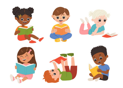 Vector set of cartoon children reading books. Multiracial kids in different poses with book.
