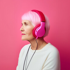 old fashion woman with stylish pink hair with headphones posing on camera, generative ai illustration