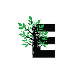 E letter with tree design icon symbol logo