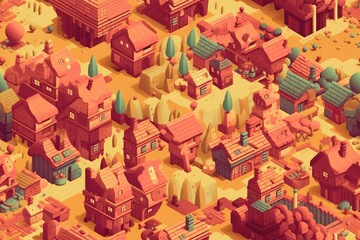 Naklejka na ściany i meble Isometric Illustrated Cartoon Cityscape Town Village Seamless Repeating Repeatable Texture Pattern Tiled Tessellation Background Image