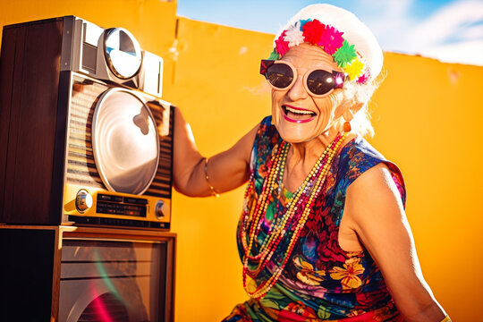 hippie fashion old lady dj having fun  outdoor,posing on camera, generative ai illustration
