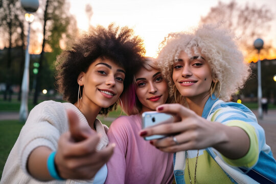 young fashion  girls with particular hairstyle and makeup making selfies outdoor and having fun together, generative ai illustration