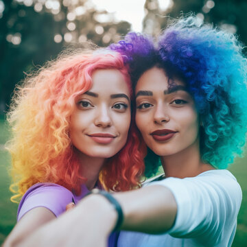 young fashion  girls with particular hairstyle and makeup making selfies outdoor and having fun together, generative ai illustration