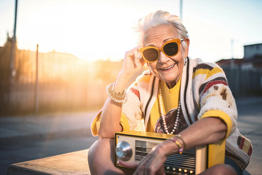 hippie fashion old lady dj having fun  outdoor,posing on camera, generative ai illustration
