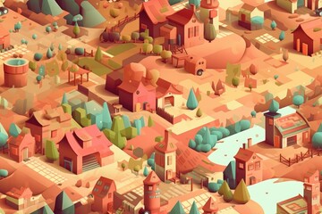 Isometric Illustrated Cartoon Cityscape Town Village Seamless Repeating Repeatable Texture Pattern Tiled Tessellation Background Image