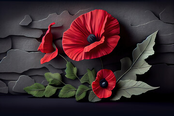 World War remembrance day. Red poppy is symbol of remembrance to those fallen in war. Red paper poppies on dark stone background. Generative Ai