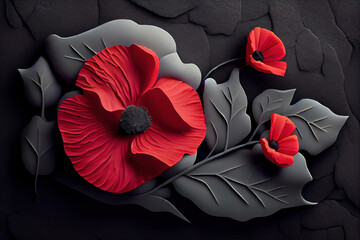 World War remembrance day. Red poppy is symbol of remembrance to those fallen in war. Red paper poppies on dark stone background. Generative Ai
