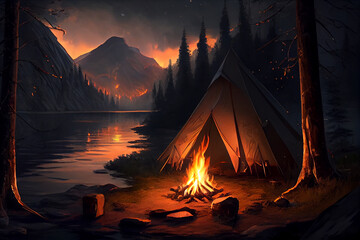 Campfire near a tent in a picturesque outdoor setting. AI Generated