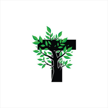 T letter with tree logo design icon symbol