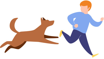 Boy is playing with dog. Run away, catch up. Friendship. Raster characters flat cartoon illustration.