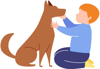 Boy caresses his dog. Sitting next. Hugging pet. Friendship. Raster characters flat cartoon illustration.