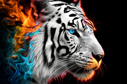 Beautiful white tiger on a black background with a colored fire. Generative AI.