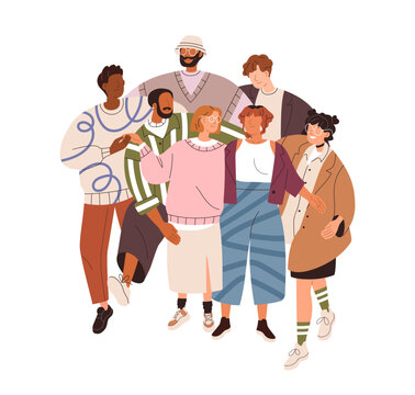 Diverse people standing together, portrait. Men and women group, team hugging, embracing. Community, partners. Togetherness concept. Flat graphic vector illustration isolated on white background