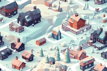 Obraz premium Isometric Illustrated Cartoon Cityscape Town Village Seamless Repeating Repeatable Texture Pattern Tiled Tessellation Background Image