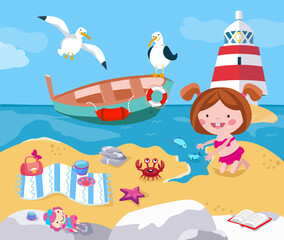 Cute little girl by sea. Animals on beach in summer. Cartoon characters, boat and lighthouse. Vector illustration. Scene for puzzles, games, books. 