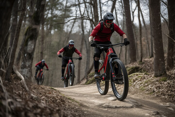 Naklejka premium Athletes Mountain Biking on a Trail with Mountain Range in the Background. AI Generated