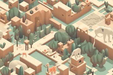 Isometric Illustrated Cartoon Cityscape Town Village Seamless Repeating Repeatable Texture Pattern Tiled Tessellation Background Image