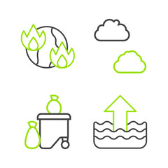 Set line Rise in water level, Full dustbin, Cloud and Global warming fire icon. Vector