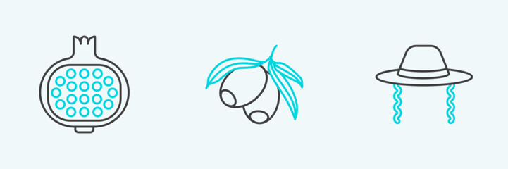 Set line Orthodox jewish hat, Pomegranate and Olives branch icon. Vector