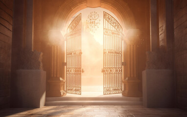 Heaven's gate, represented as a golden gate with a shining ahead, Generative AI