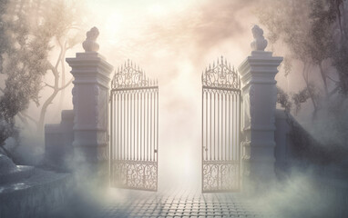 Heaven's gate, represented as a silver gate with a shining ahead, Generative AI