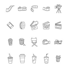 Cinema in doodle style. Making movie, film, tv, video concept. Hand drawn vintage vector illustration