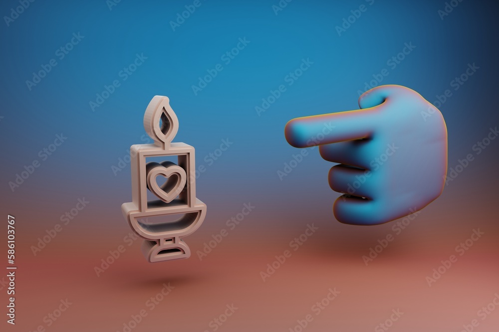 Poster Beautiful illustrations abstract Hand index finger points to candle with heart symbol icon on a multicolor bright background. 3d rendering illustration. Background pattern for design. Mothers Day.
