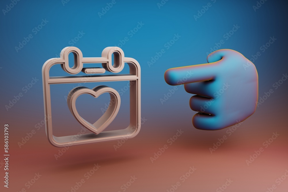 Poster Beautiful illustrations abstract Hand index finger points to Calendar with heart symbol icon on a multicolor bright background. 3d rendering illustration. Background pattern for design. Mothers Day.