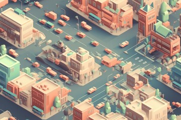 Fototapeta premium Isometric Illustrated Cartoon Cityscape Town Village Seamless Repeating Repeatable Texture Pattern Tiled Tessellation Background Image