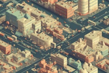 Obraz premium Isometric Illustrated Cartoon Cityscape Town Village Seamless Repeating Repeatable Texture Pattern Tiled Tessellation Background Image