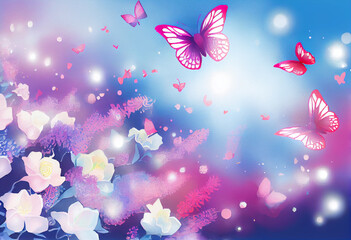 Obraz na płótnie Canvas Painted spring background in purple-pink flowers, butterflies and hearts. AI Generated