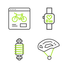 Set line Bicycle helmet, suspension, Smart watch and rental mobile app icon. Vector