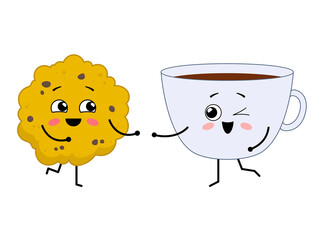 Cute happy characters - cup of tea and cookie. Best friends. Illustration on transparent background