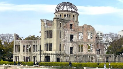The Atomic Bomb Dome seen from across the Motoyasu river flowing in Hiroshima, Japan