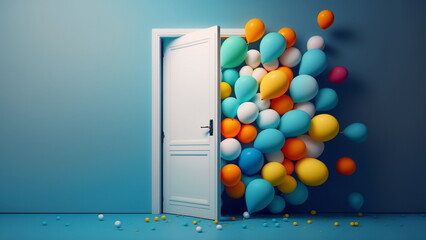 Colorful balloons float behind door and blue backdrop with Generative AI.