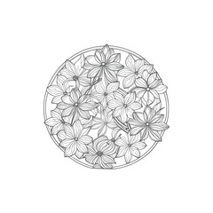 Vector drawing flowers, stylized design, isolated floral elements, hand-drawn illustration, Using Child and Adult coloring page, invitation card.