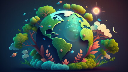 Concept of ecology. Smiling globe with trees viewed from space in a starry sky with Generative AI Technology.
