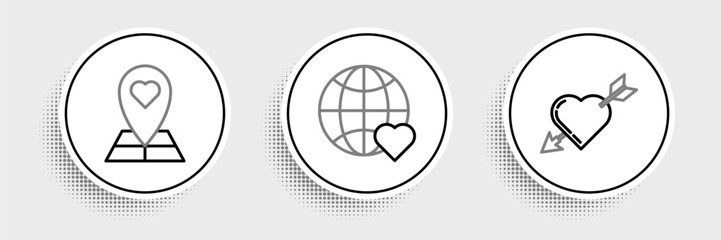 Set line Amour symbol with heart and arrow, Map pointer and The world love icon. Vector