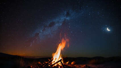The twinkling flames of a bonfire in the clear night sky filled with stars. Generative AI.
