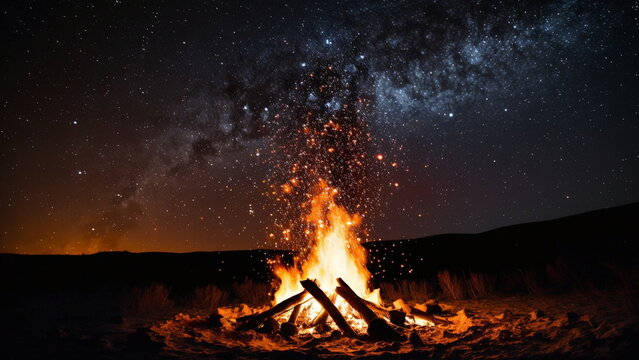 The twinkling flames of a bonfire in the clear night sky filled with stars. Generative AI.
