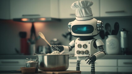 Robot wearing cook hat and apron, holding spoon and making cook in kitchen with Generative AI Technology.