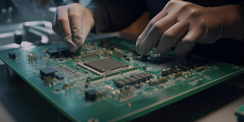 Circuit board production using SMT technology, operators in ESD protective gloves. Generative AI
