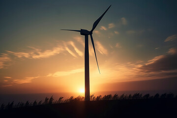 Obraz premium Wind turbine silhouette on a ridge, harnessing renewable electricity with ease. Generative AI