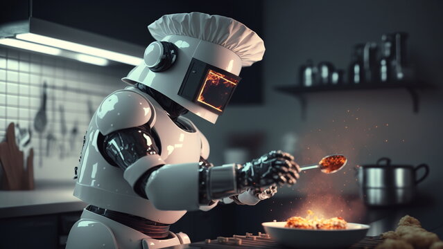 Robot wearing cook hat and apron, holding spoon and making cook in kitchen with Generative AI Technology.