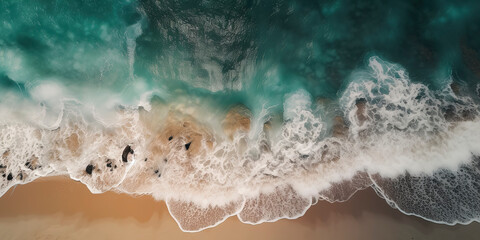 Fototapeta premium Aerial drone shot of the deep sea, highlighting the beauty of white waves from above. Generative AI